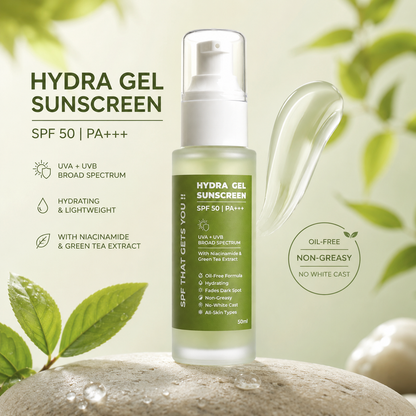 Hydra Gel Sunscreen SPF 50 PA+++  shown in a clear pump bottle with a green label, displayed on a stone with a translucent droplet and product benefits text on a soft green background.
