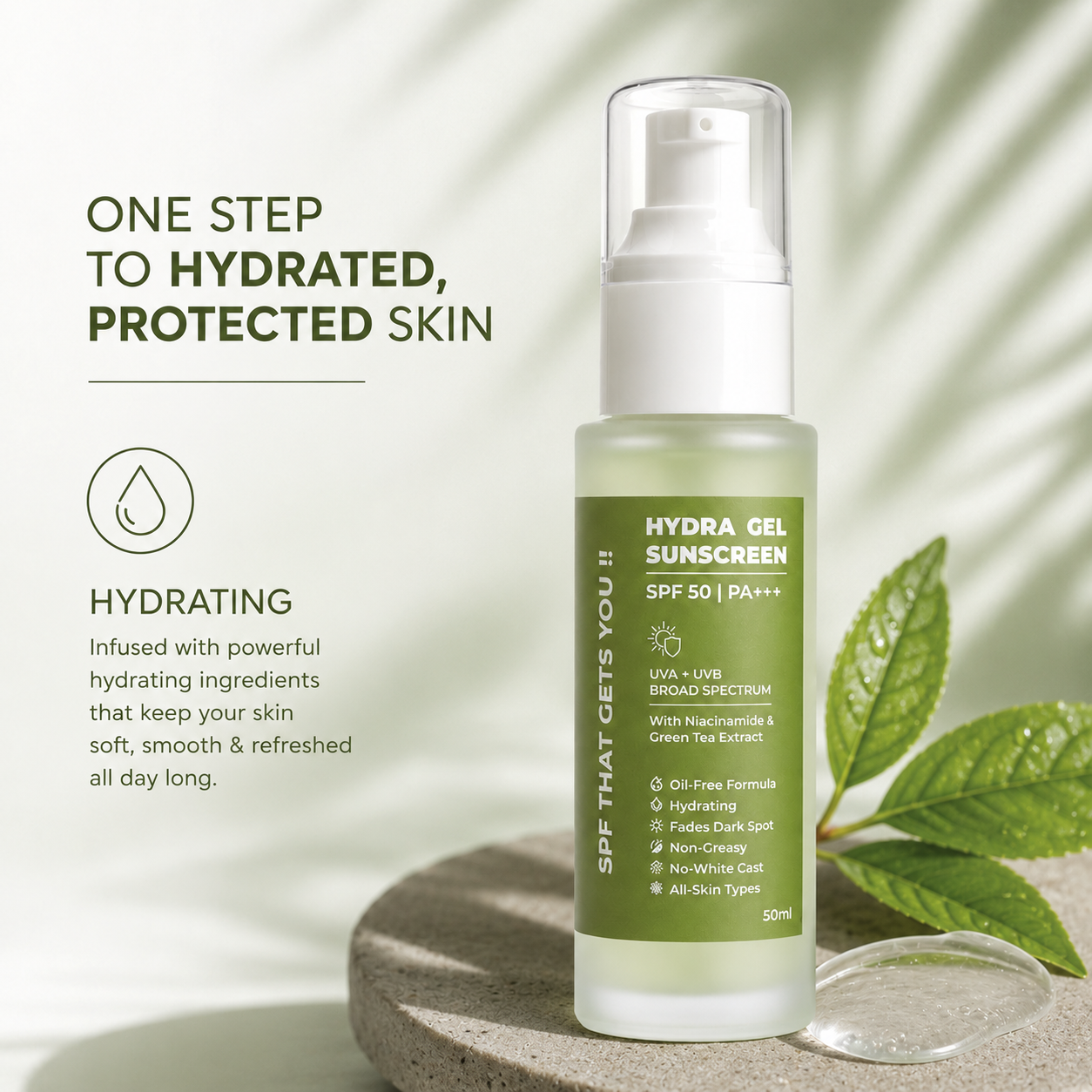 Hydra Gel Sunscreen SPF 50 PA+++ bottle on a stone slab with a clear gel drop, green leaves, and marketing text on a soft light background.