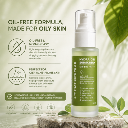 Hydra Gel Sunscreen SPF 50 PA+++ in a frosted glass bottle with a white pump and green label, displayed on a stone surface with green leaves. The left side features marketing text and icons about the oil-free formula.