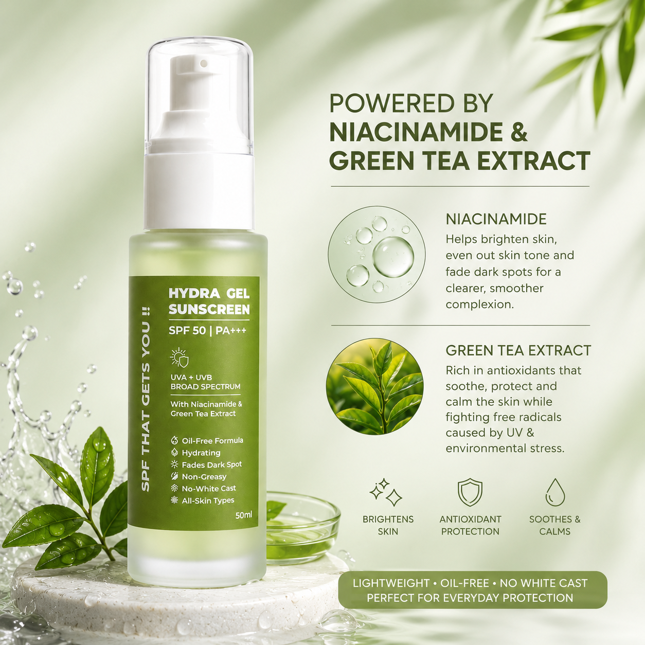 Hydra Gel Sunscreen SPF 50 in a clear bottle with a white pump and green label, shown on a light green background with text highlighting niacinamide and green tea extract benefits.