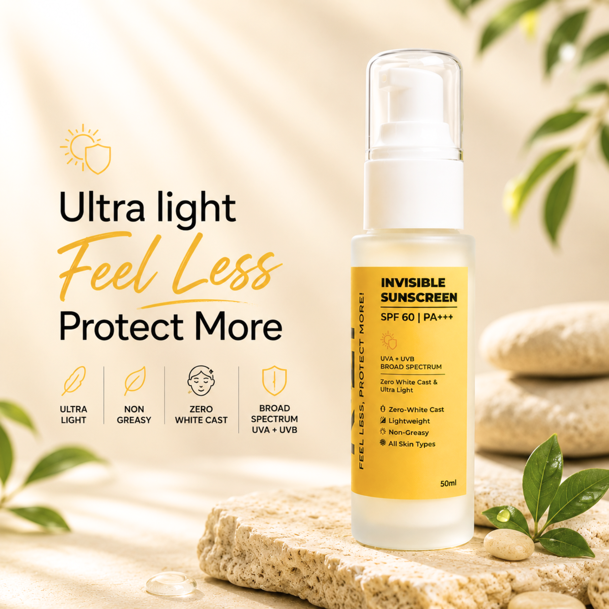 A 50ml bottle of Invisible Sunscreen SPF 60 with a yellow label and white pump, displayed on a stone slab