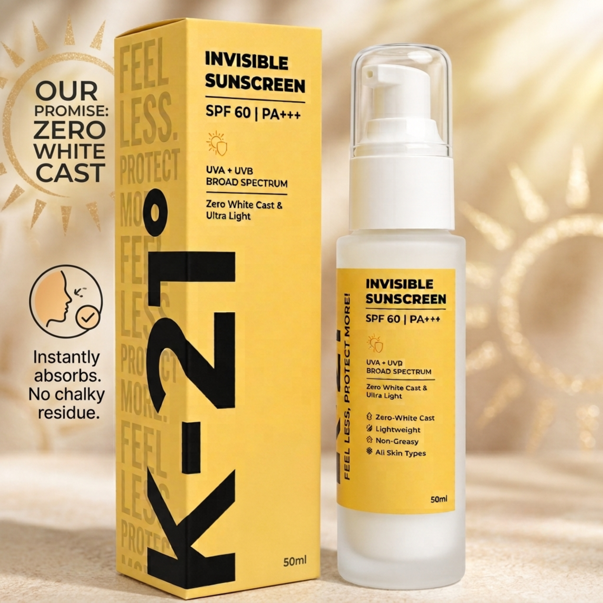 Invisible Sunscreen SPF 60 PA+++ bottle with its yellow packaging box, displayed on a warm beige background with promotional text highlighting zero white cast and instant absorption.