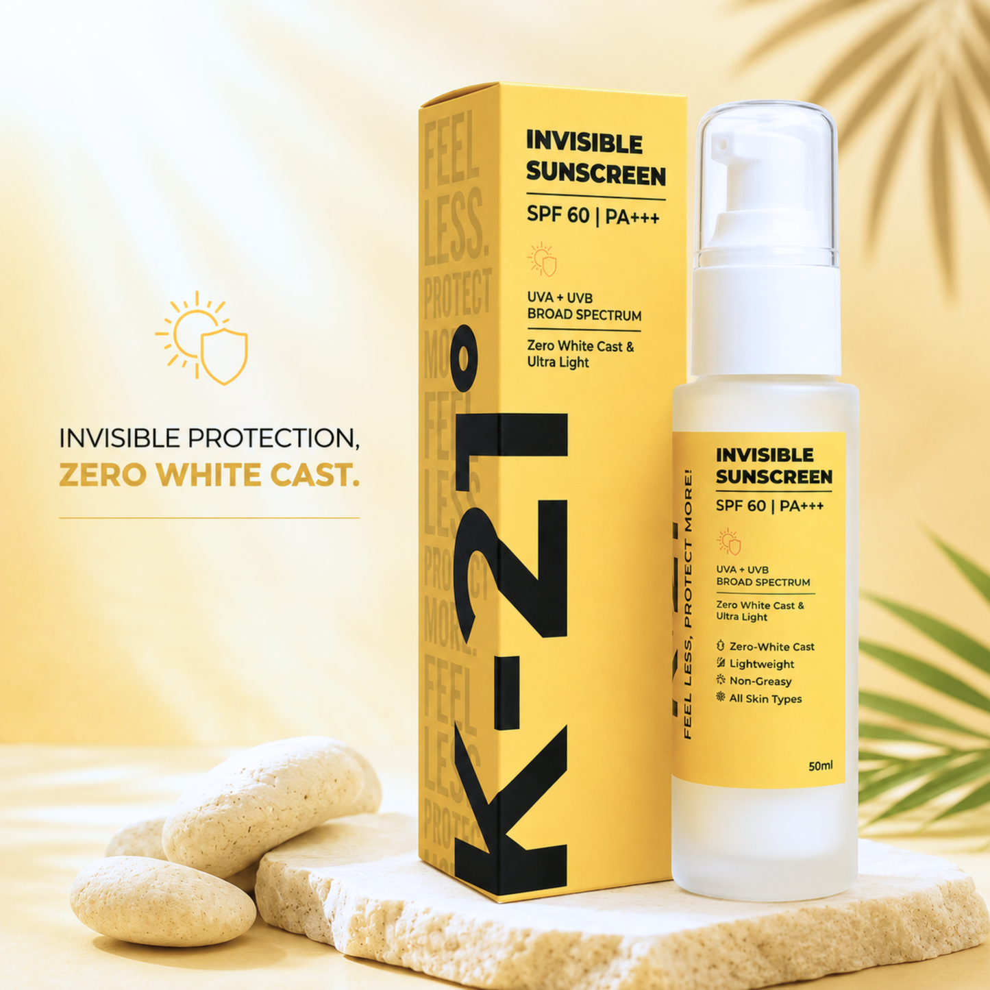 A bottle of Invisible Sunscreen SPF 60 with PA+++ next to its yellow packaging box, styled on a stone slab with decorative stones and a warm, sunny background.